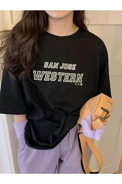 CLAYES Tricou supradimensionat San Jose - Imprimat negru, decolteu rotund