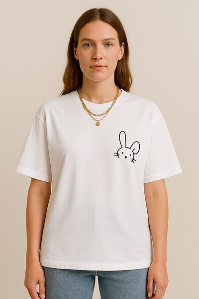CLAYES Women's Rabbit Printed Oversize White T-Shirt