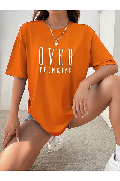 CLAYES Tricou portocaliu cu mânecă scurtă, cu imprimeu supradimensionat, cu decolteu triplu