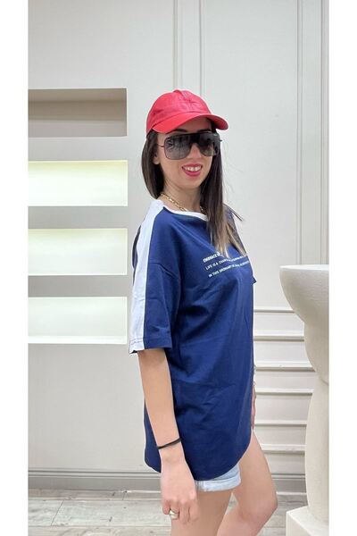 CLAYES Leisure Future Parçalı Süprem T-Shirt - Lacivert Gövde Omuz Beyaz Şeritli Tişört Oversize Bisiklet