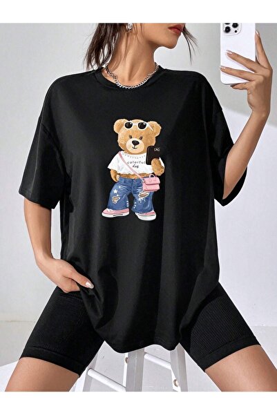 CLAYES Πολύχρωμο μπλουζάκι Bear Single Jersey - Μαύρο εμπριμέ κοντομάνικο μπλουζάκι με λαιμόκοψη