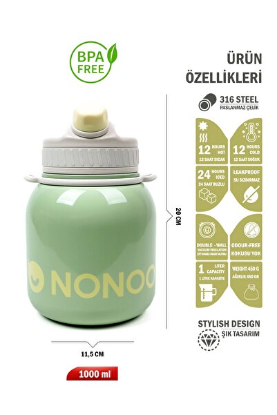 NONOO Paslanmaz Çelik Çift Ağız Pipetli 1 Litre Sıcak Soğuk Yeşil Termos Kamp Piknik Yemek Mama 1 Lt Okul
