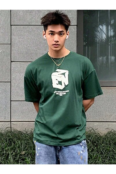 CLAYES Unisex Green Oversize Ezn Printed T-shirt - Oversize Printed