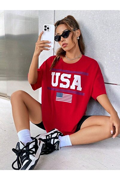 CLAYES Μπλουζάκι Usa Flag - Κόκκινο Oversize Printed Crew Neck
