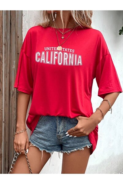 CLAYES Us California T-Shirt - Κόκκινη στάμπα Oversize Crew Neck με κοντό μανίκι