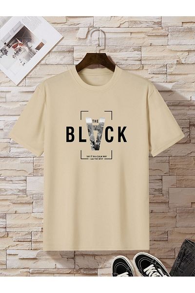 CLAYES The Black Printed Single Jersey Beige T-Shirt - Oversize Crew Neck T-Shirt