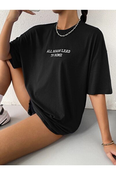 CLAYES To Rome Oversize T-Shirt - Μαύρο εμπριμέ, Crew λαιμόκοψη, κοντό μανίκι