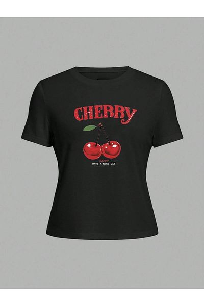 CLAYES Cherry Happy Printed Black Tshirt Mother Daughter Combination - Oversize Crew Neck T-Shirt