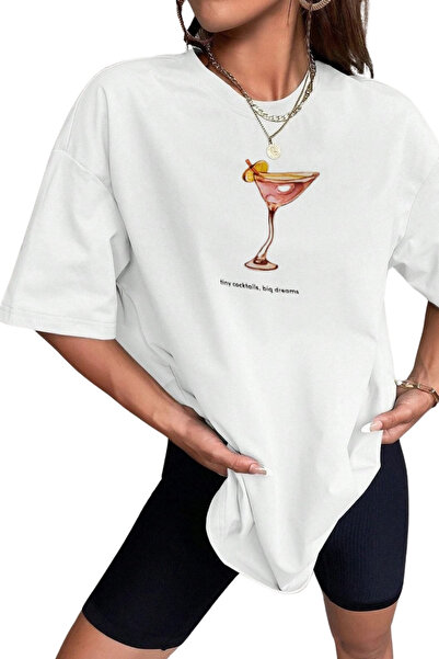 CLAYES Tinycoctails εμπριμέ λευκό βαμβακερό μπλουζάκι - Oversize Crew Neck T-Shirt
