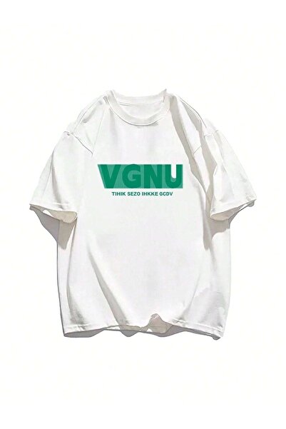 CLAYES Λευκό εμπριμέ VGNU Oversize T-Shirt - Crew Neck, κοντό μανίκι