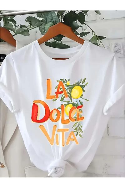 CLAYES La Dolce Vita Printed White Cotton T-Shirt - Oversize Crew Neck T-Shirt