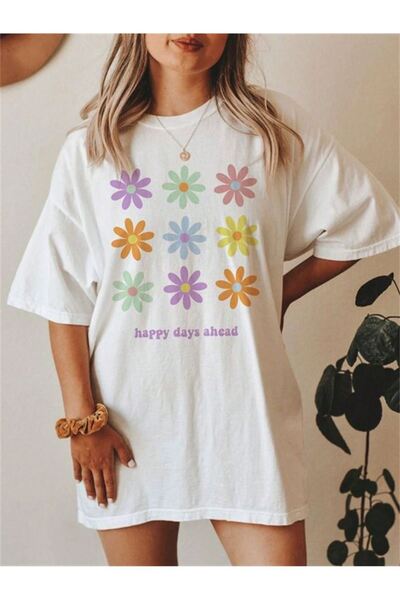 CLAYES Μπλουζάκι Happy Days Flowers Single Jersey - Λευκό εμπριμέ μπλουζάκι με λαιμόκοψη