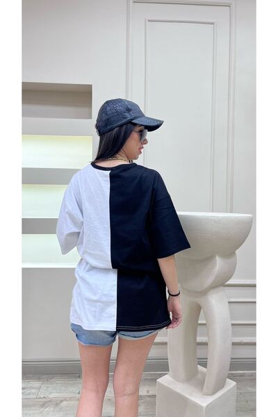 CLAYES Μαύρο και άσπρο μπλουζάκι με κάθετη μονόκλινα μπλουζάκι - Oversize κοντομάνικο μπλουζάκι με λαιμόκοψη