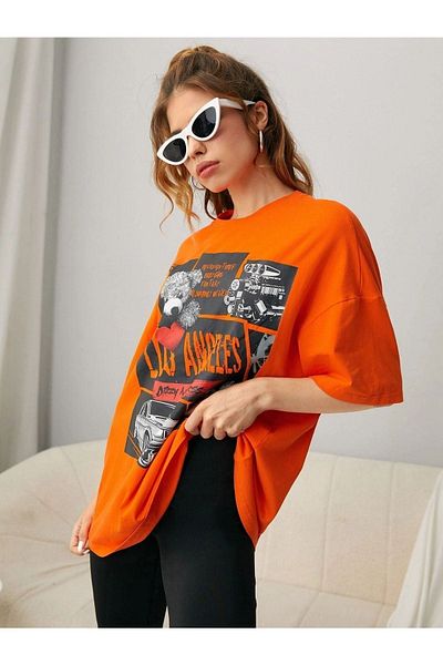 CLAYES Tricou cu ursuleț de pluș cu imprimeu Los Angeles - tricou portocaliu supradimensionat cu mânecă scurtă cu decolteu triplu