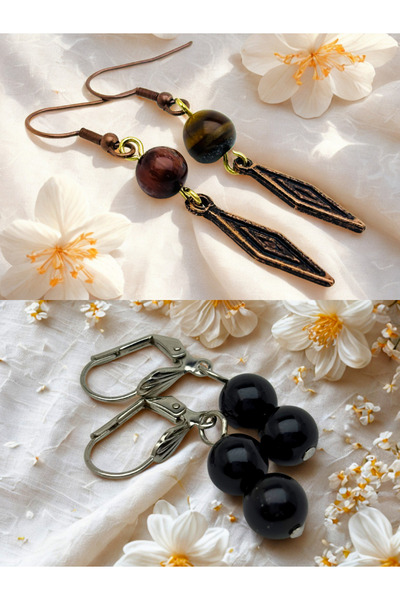 ayrestyle Tiger Eye & Onyx Natural Stone 2-Piece Earring Set with Dangle - Or...