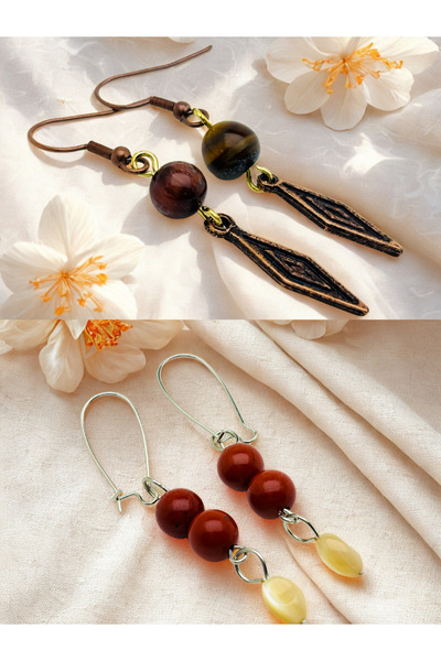 ayrestyle Tiger Eye & Jasper Natural Stone 2-Piece Earring Set with Dangle - ...