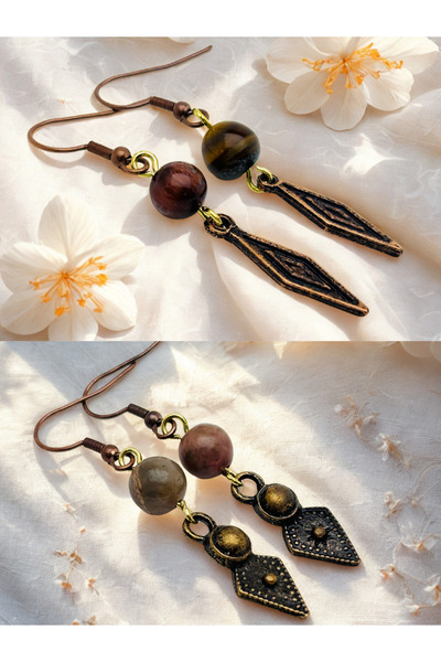 ayrestyle طقم أقراط مكون من قطعتين مع عين النمر وحجر الورد الطبيعي رودونيت - ...