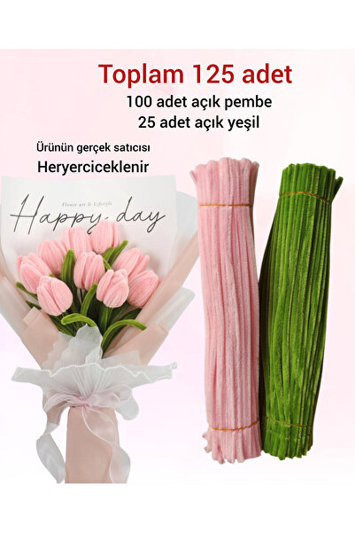 hyc heryerçiçeklenir 2'li Açık Pembe ve Açık Yeşil Seti ,Çiçek Yapımına Uygun Tüylü Tel, 30 Cm 6 mm