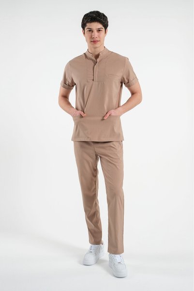 LİZY STORE Matheo -Beige Men's Buttoned Judge Collar Nurse Doctor Uniform Suit Scrubs Suit Hospital Jersey