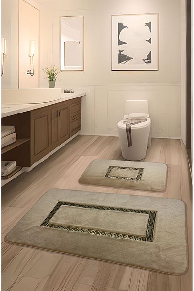 FeelHome Meram Non-Slip Sole, Soft, Absorbent 2-Piece Ultra Luxury Leather Detailed Bath Mat Set Caramel