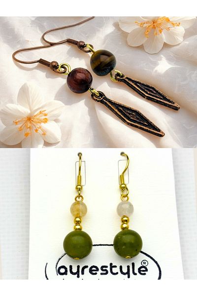 ayrestyle طقم أقراط من عين النمر واليشم والسيترين من الأحجار الطبيعية مكون من قطعتين - مزخرف - 5 سم - مع جهاز زاماك