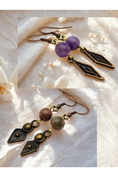 ayrestyle طقم أقراط من حجر الجمشت والرودونيت الطبيعي مكون من قطعتين - مزخرف -...