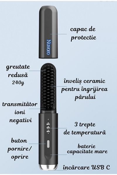 Nuvoro Electric hair straightening brush, wireless, USB-C charging, 4000 mAh battery