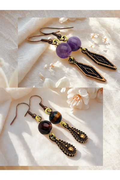 ayrestyle طقم أقراط من حجر الجمشت وعين النمر الطبيعي مكون من قطعتين - مزخرف -...