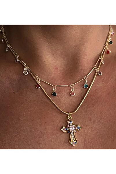 tones official Çelik Zincirli-Altın Kaplama Renkli Zirkon Taşlı Hac Kolye