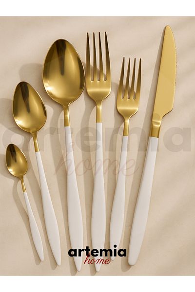 DMR LİFE Gold Dine White 6 Piece Tablespoon |   Gold |   6 People |   18/10 Stainless Steel