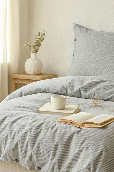 PureText |   Pure Sense |   100% Cotton Washed Yarn Dyed Double Striped Duvet Cover Set |   Anthracite
