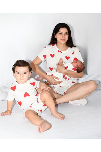 Drop Kids Mother Child Combination Pajama Set Red Heart Pattern Short Shorts (Sold Individually)