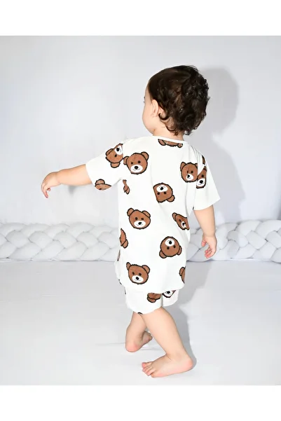 Drop Kids Children's Pajama Set Dark Brown Teddy Bear Pattern 100% Cotton