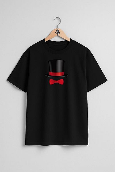 Bahriyeli Collection Unisex T-Shirt with Oversize Magician Hat and Bow Tie Chest Design