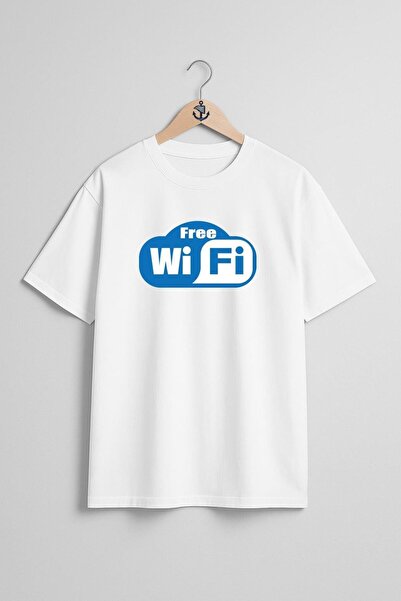 Bahriyeli Collection Оверсайз унисекс тениска с дизайн на гърдите Free Wi-Fi