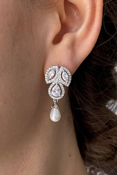 Birinci1926 925 Ayar Gümüş Zirkon Taşlı Doğal Inci Küpe