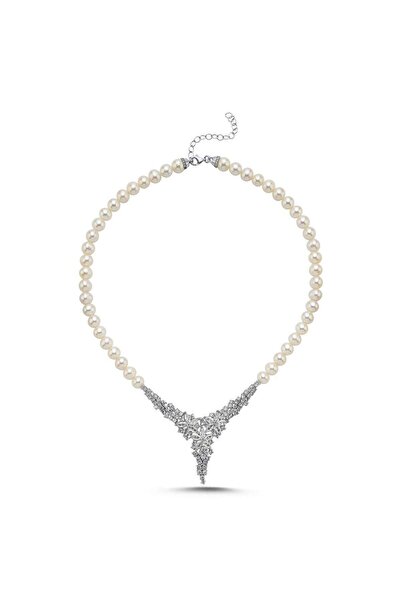 Birinci1926 925 Ayar Gümüş Çiçek Taşlı Doğal Inci Kadın Kolye