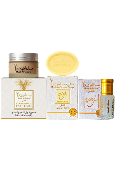 MUSK AL TAHARA طقم صندل مسك مكون من 3 قطع - مسك 6 مل، صابون 50 جرام، زجاج 50 جرام