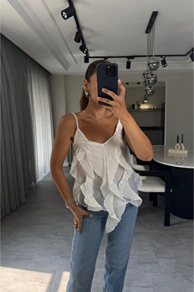 Lovely butik Women's Summer Thin Bluz with Complete Ruffle Detail on the Front