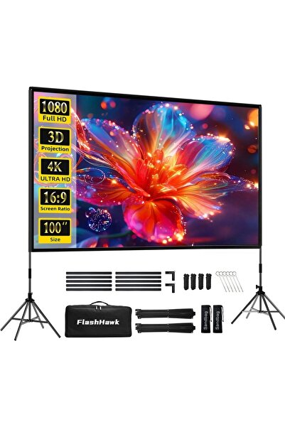 FlashHawk شاشة عرض مع حامل - 100 بوصة 16:9 4K HD شاشة عرض محمولة خارجية داخلية للمنزل