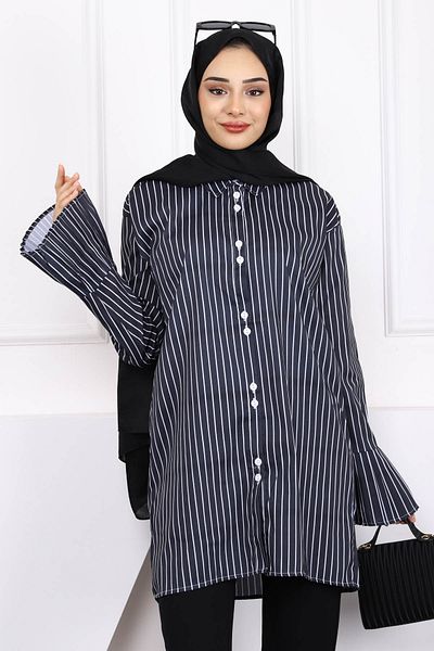 İmajButik Tunica cu maneca plisata cu dungi negre - cu nasturi