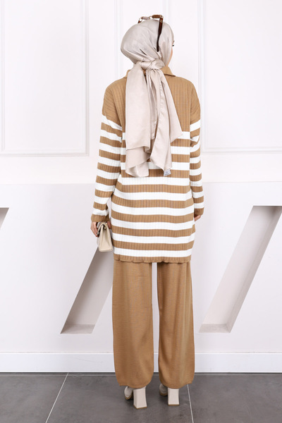 İmajButik Σετ πλεκτό παντελόνι με φερμουάρ μπισκότο γιακά