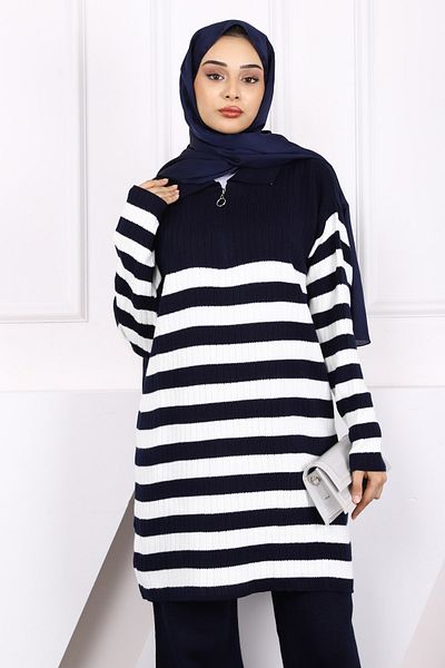 İmajButik Navy Blue Collar Zippered Tunic Pants Knitwear Set
