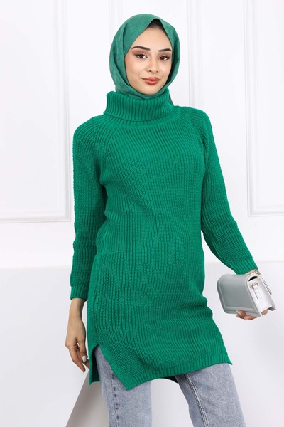 İmajButik Green Turtleneck Slit Collar Knitwear Tunic