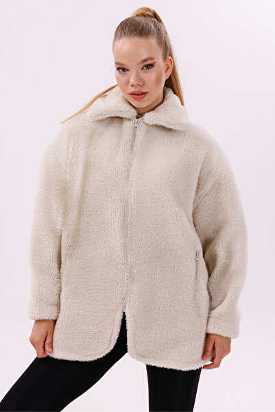 freemen Kadın Ekru Peluş Rüzgar Geçirmez Welsoft Çift Kışlık Mont Kaban