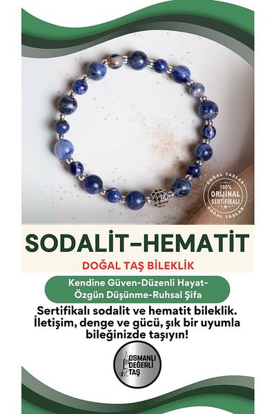 OSMANLI DEĞERLİ TAŞ Certified Sodalite-Hematite Natural Stone Bracelet 6-8 mm