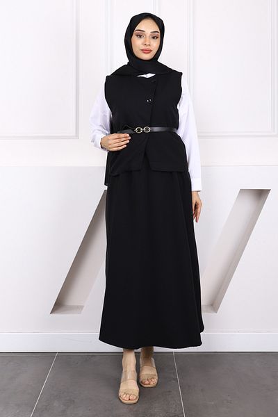 İmajButik Black Belted Crepe Vest Skirt Suit