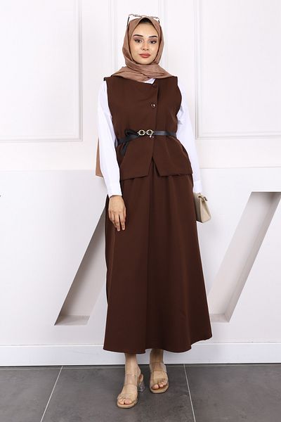 İmajButik Brown Belted Crepe Vest Skirt Suit