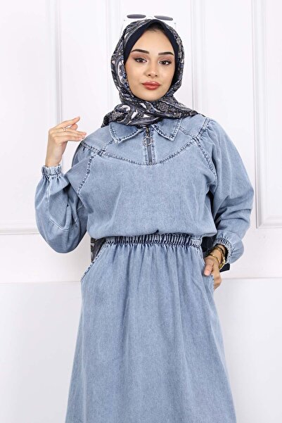 İmajButik Μπλε τζιν φόρεμα με ελαστική τσέπη μέσης