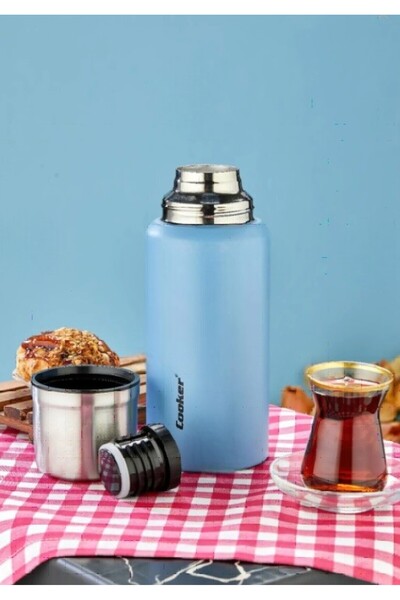 Elista 1 Liter Double Layer Steel Thermos - 24 Hours Hot, 48 Hours Cold, (Camping, Picnic, Office, Travel) Turquoise